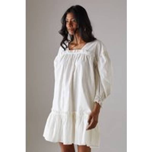 Womens Poplin Frill Balloon Sleeve Mini Smock Dress - white - White - 6
