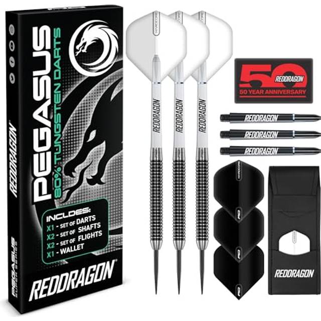 Röd drake Pegasus 24 gram professionellt dartset med volframstålspetsar med flygningar, stjälkar (axlar) och plånbok