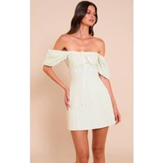 Cream Broderie Puff Sleeve A-line Mini Dress, White - 10
