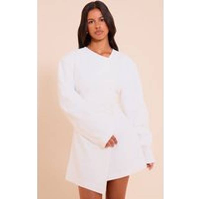 Petite White Premium Linen Look Cinched Waist Cocoon Sleeve Mini Dress, White - 14