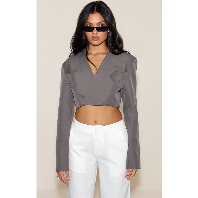 Charcoal Wrap Waist Tie Blazer, Grey - 16
