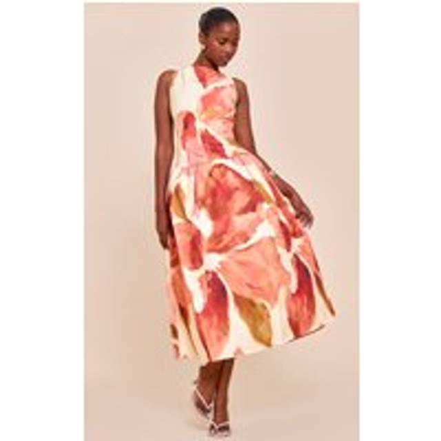 Pink Floral Print Dropped Waist Midaxi Dress, Pink - 12