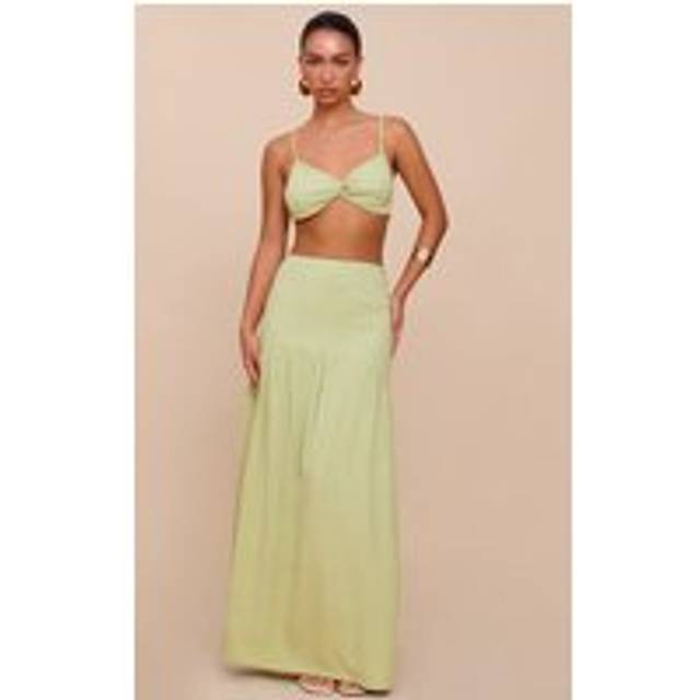Pale Lime Seam Detail Floaty Linen Maxi Skirt, Pale Lime - 14