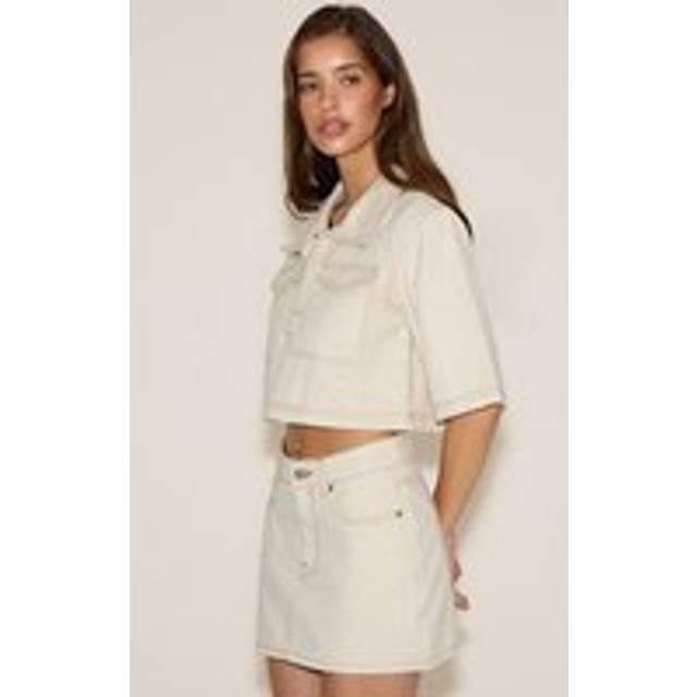 Ecru Contrast Stitch Denim Mini Skirt, Ecru - 6