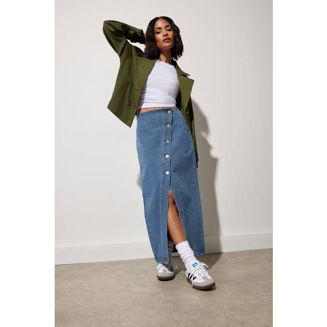Pixiegirl Petite Blue Denim Asymmetric Button Midi Skirt 10 Pixiegirl | Petite Women's Midi Skirts