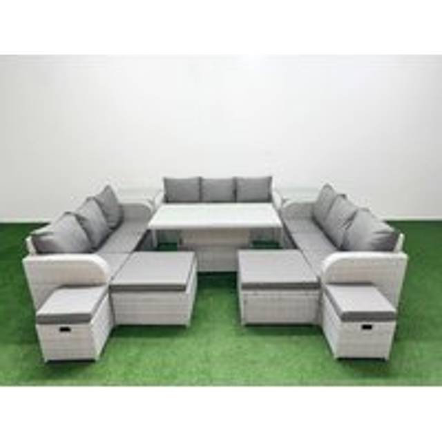 8 Pieces Garden Rising Dining Table High Back Inclining Sofa Set 2 Big Footstool 2 Small Stool 2 Side Table Light Grey - Fimous