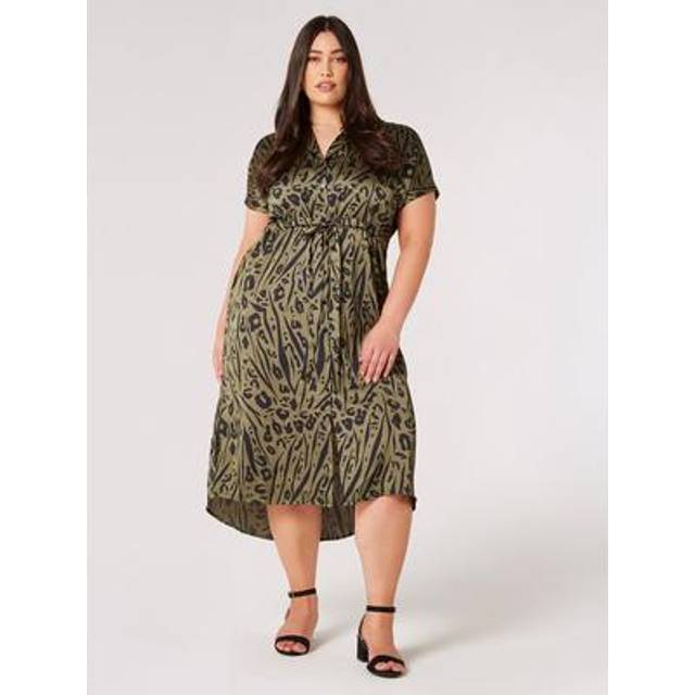 Womens Curve Animal Satin Midi Dress - Green - 20