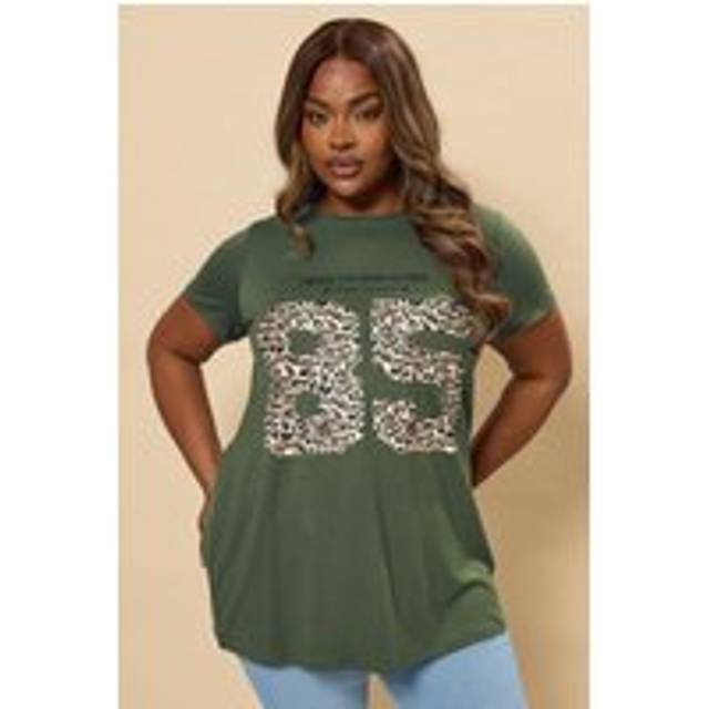 Yours Curve Khaki Green Leopard Print 85 Slogan Tshirt, Women's Curve & Plus Size, Yours - 20