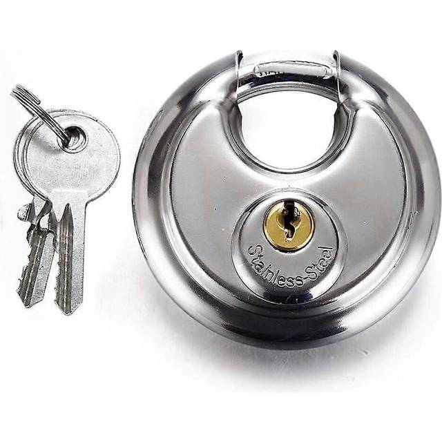 (As show, One size) 70mm Large Distribution Padlock Stainless Steel Round Shape Cake Lock Warehouse Door Disc Chain Anti-theft Lock with 2 Keys