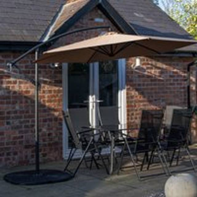 6 Person Rectangular Glass Top Table Chairs With Beige Banana Parasol and Base