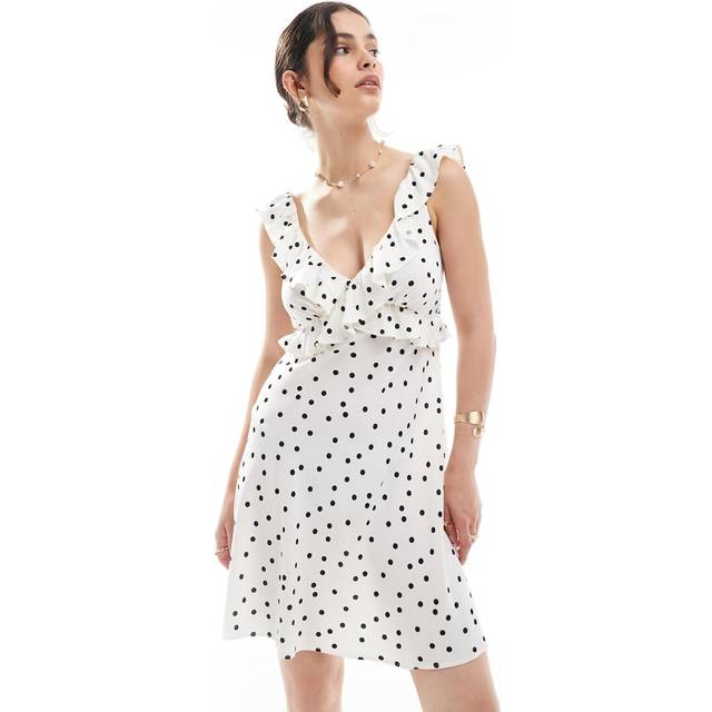 New Look Women's White Polka Dot Print Frilly Trim Mini Dress - UK 8