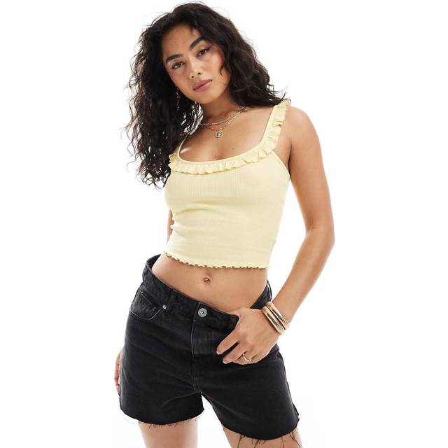 New Look Women's Yellow Ribbed Frill Trim Cami Top - UK 16