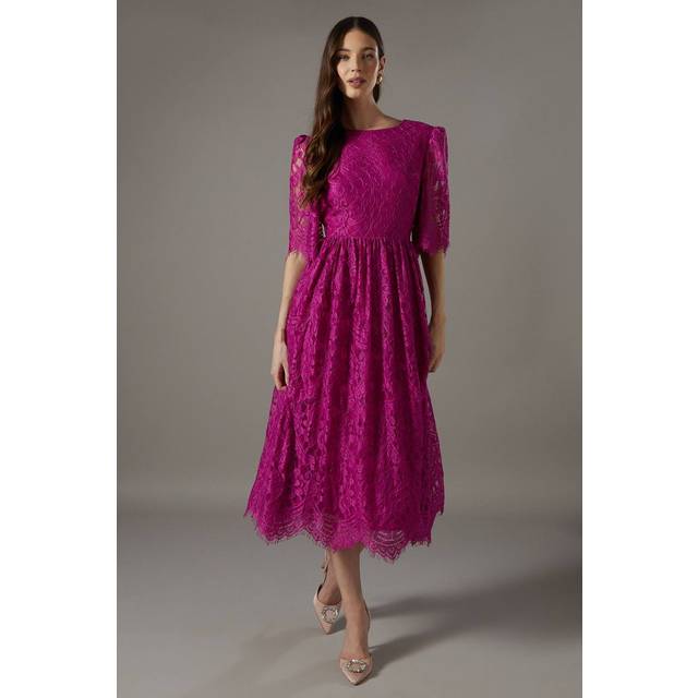 Lace Short Sleeve Midi Dress - Pink - 10