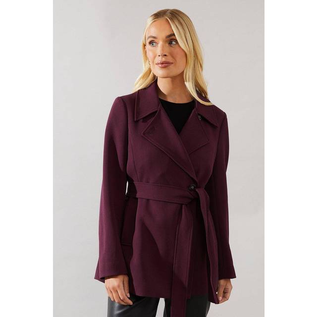 Womens Petite Short Belted Wrap Coat - Berry - 16