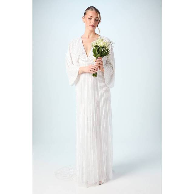 V Neck Sequin Kimono Sleeve Wedding Dress - Ivory - 18