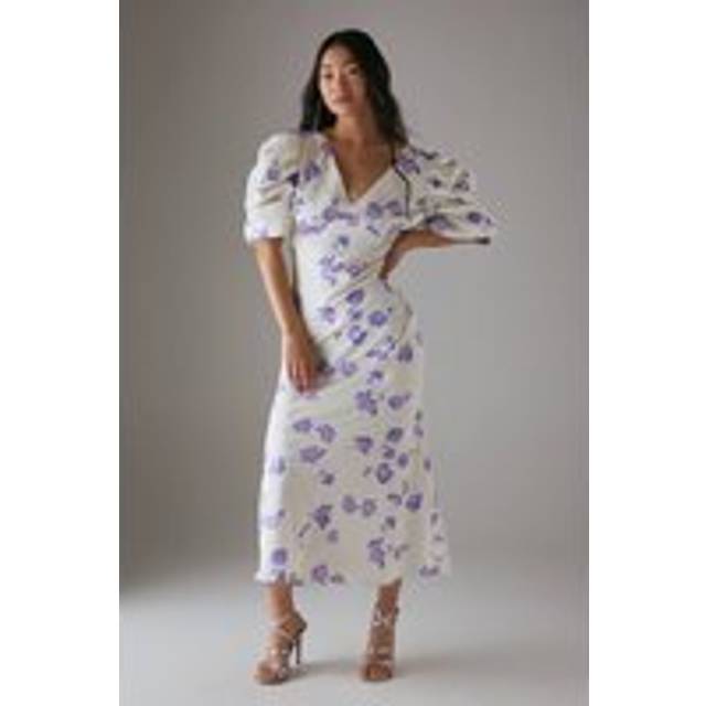 Womens Petite Satin Pleat Volume Sleeve Plunge Bias Midi Dress - lilac - Lilac - 6