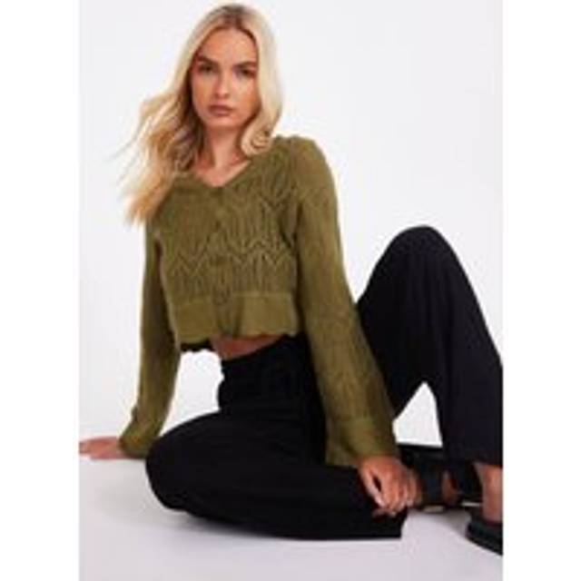 Khaki Knit Cropped Cardigan - L
