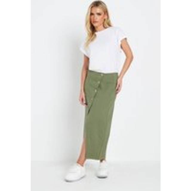 Pixiegirl Petite Khaki Green Denim Asymmetric Button Midi Skirt 14 Pixiegirl | Petite Women's Denim Skirts