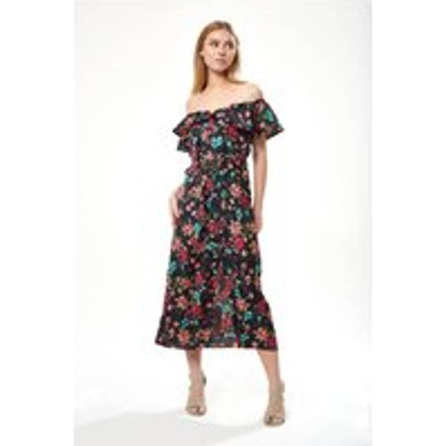 Womens Belted Midi Dress with Off Shoulder Sleeves in Black Based Floral Print - Multi - 16