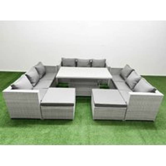 Fimous 6 PCs Rising Dining Table Set Rattan Furniture Set with 3 Seater Sofa 2 Big Footstool Light Grey