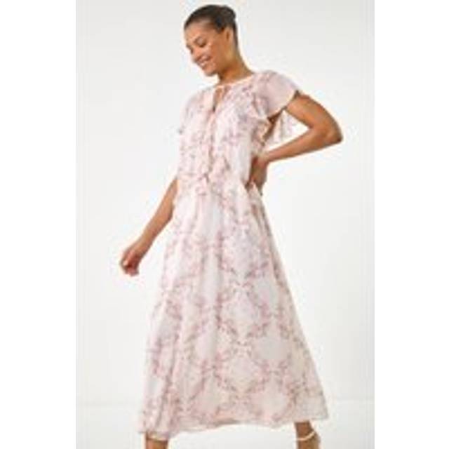 Floral Frill Flutter Sleeve Dress - Light Pink - 14