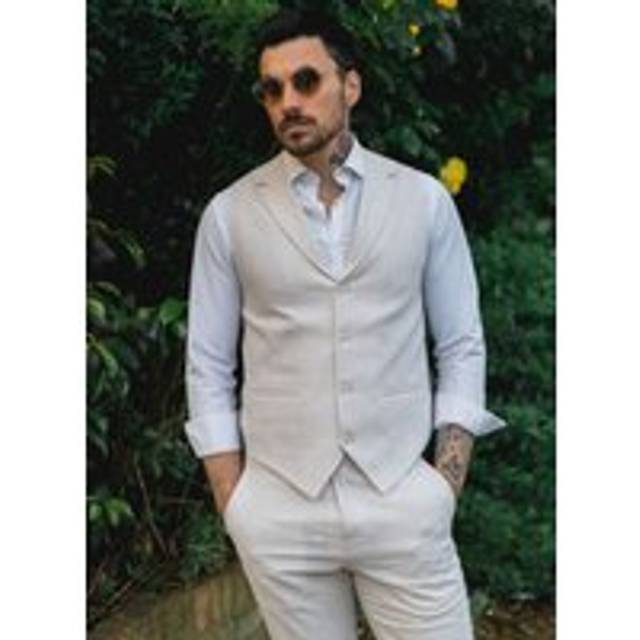 Men's Summer 2 Piece Suit Linen Formal Waistcoat Trousers - Beige - 44R