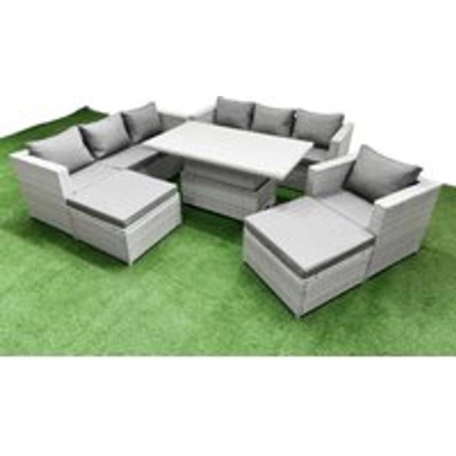 Fimous 6 PCs Rising Dining Table Set Rattan Furniture Set with 3 Seater Sofa Chair 2 Big Footstool Light Grey