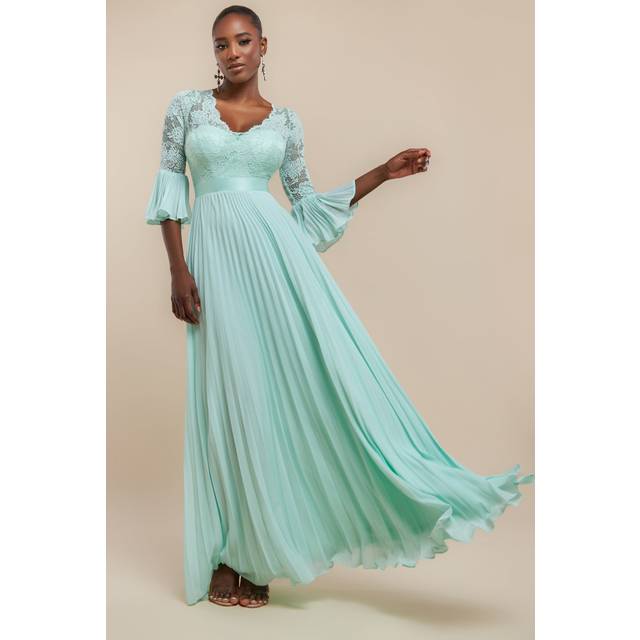 Scalloped Lace Bodice Pleated Chiffon A Line Maxi Dress - Mint Green by Goddiva - 14