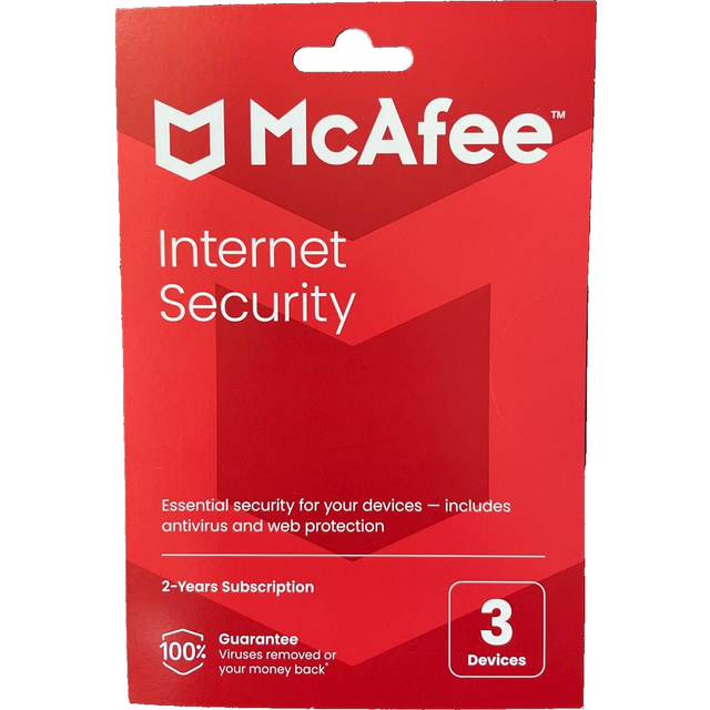 Mcafee internet security antivirus 2025 3 devices 1 year delivery by post