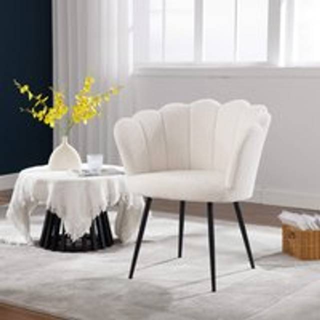 Boucle Fabric Scallop Shell Chair Wing Back Armchair Sofa Gold Legs - White - One Size