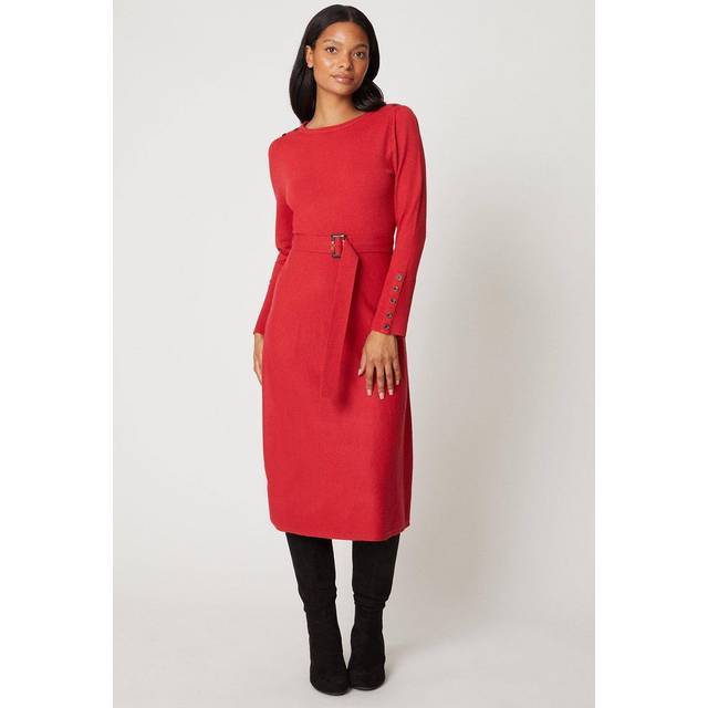 Wallis womens knitted dress red belted long sleeve midi elegant