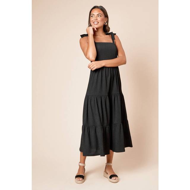 Womens Tie Shoulder Tiered Maxi Jersey Dress - Black - 16