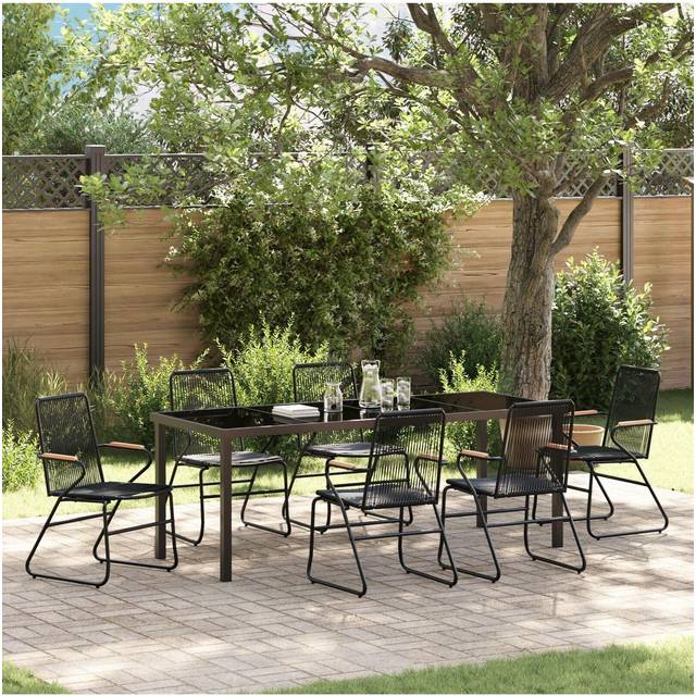 7 Piece Garden Dining Set Black PVC Rattan - One Size