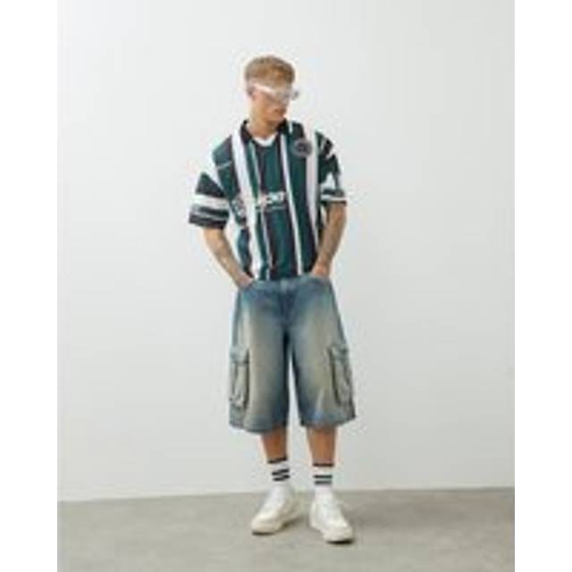 Mens River Island Green Stripe Football Polo Shirt