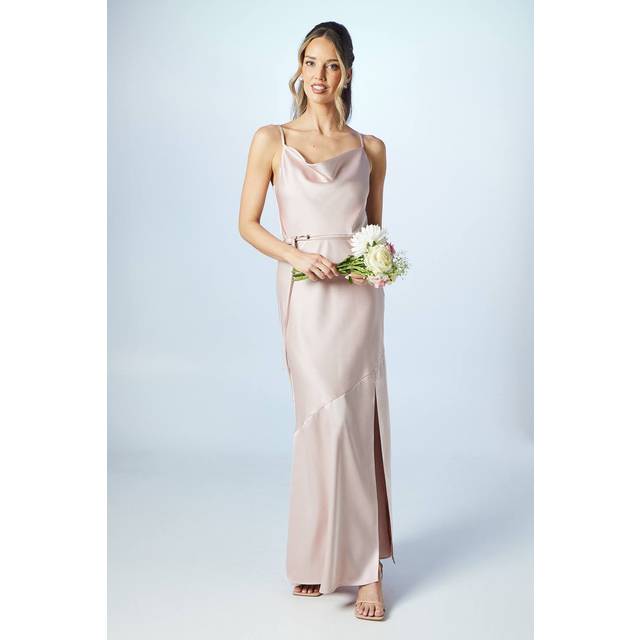 Cowl Neck Satin Slip Maxi Bridesmaids Dress - Pink - 12