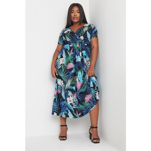 Yours Curve Black Leaf Print Woven Wrap Maxi Dress, Women's Curve & Plus Size, Yours - 22-24