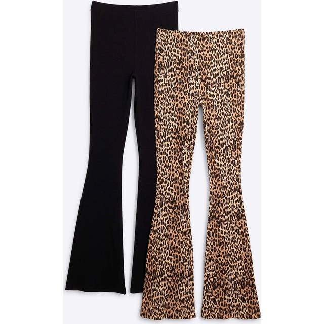 River Island Womens Black And Leopard Rib Flared Leggings 2 Pack - 12
