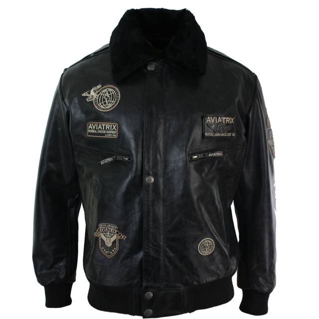 Leather Jacket Bomber Aviator - Black - XXL