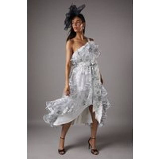 Races Printed Organza One Shoulder Dress - Mono - 16