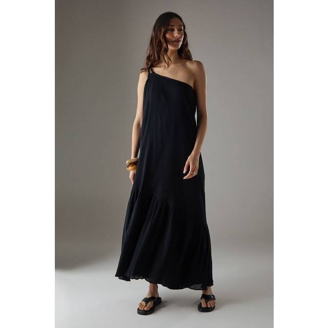 Warehouse Cheesecloth Double Strap One Shoulder Maxi Sundress In Black - black - 10