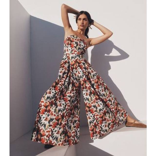 Womens Floral Ikat Palazzo Jumpsuit - Red - 16