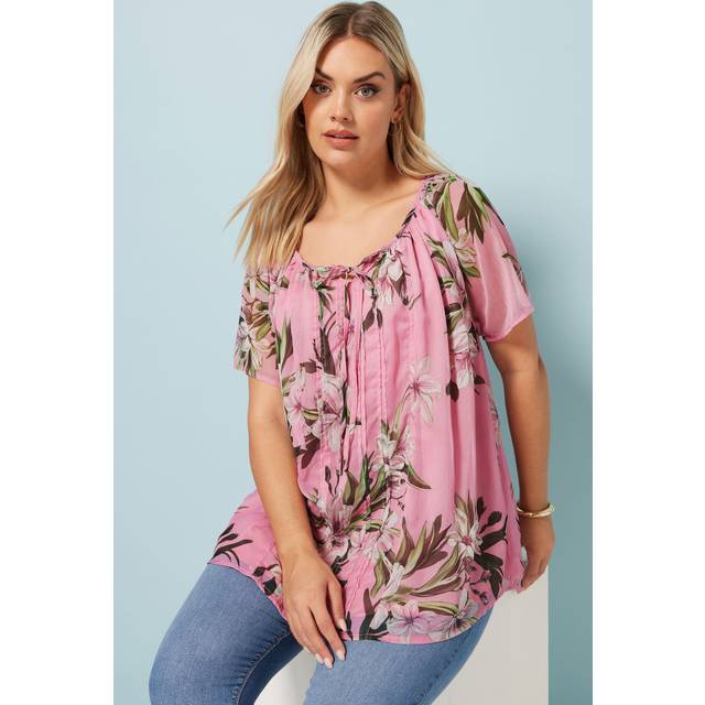 Yours Curve Pink Floral Tie Neck Pintuck Blouse, Women's Curve & Plus Size, Yours - 18