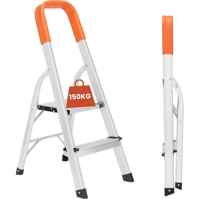 (2-Step Ladder) Aluminium Step Ladders - Heavy Duty Folding Ladder with Safety Handrail - Compact, Portable Step Ladder