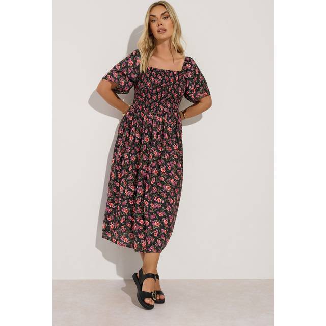 YOURS Curve Black Floral Print Square Neck Midaxi Dress - 22-24