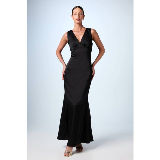 Bow Back V Neck Satin Bridesmaid Dress - Black - 14