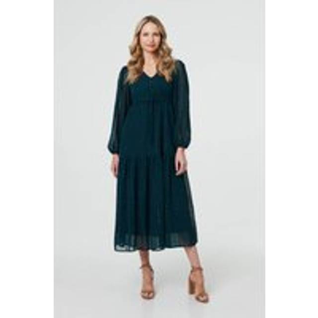 Izabel London Sparkly Semi Sheer Long Sleeve Midi Dress - Green - 16