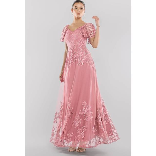 Lace Flutter Sleeve Embroidered Mesh A Line Maxi Dress - Pink by Goddiva - 8