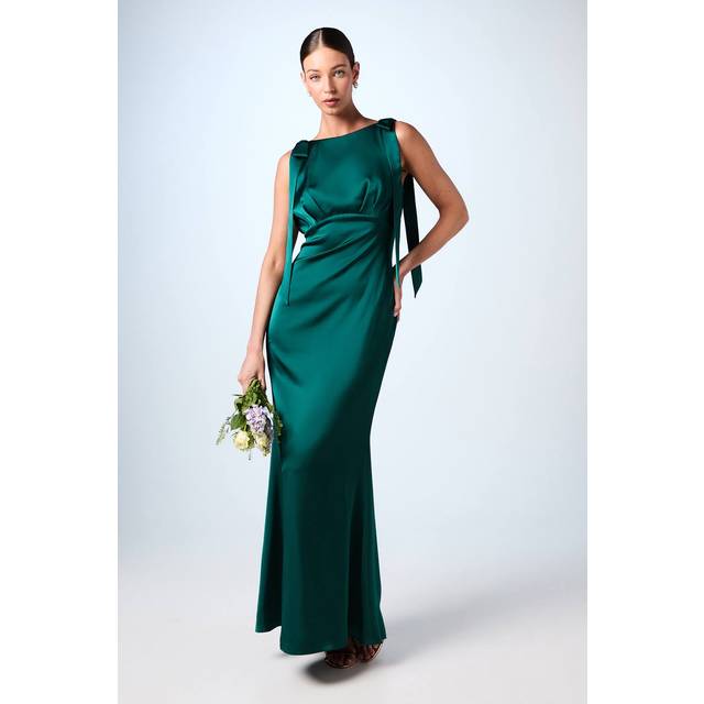 Coast Honoured Sleeveless High Neck Tie Shoulder Satin Maxi Bridesmaid Dress - Green - 18