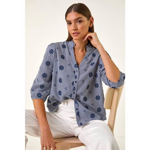 Roman Navy Floral Embroidered V-Neck Blouse - Size 12