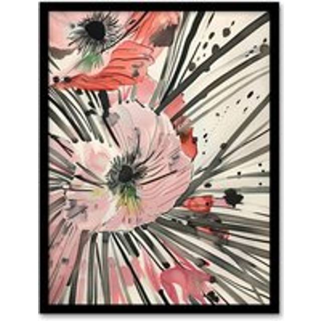 Pink Poppy Flowers Abstract Watercolour Painting Framed Art Print - W12 inch x H16 inch